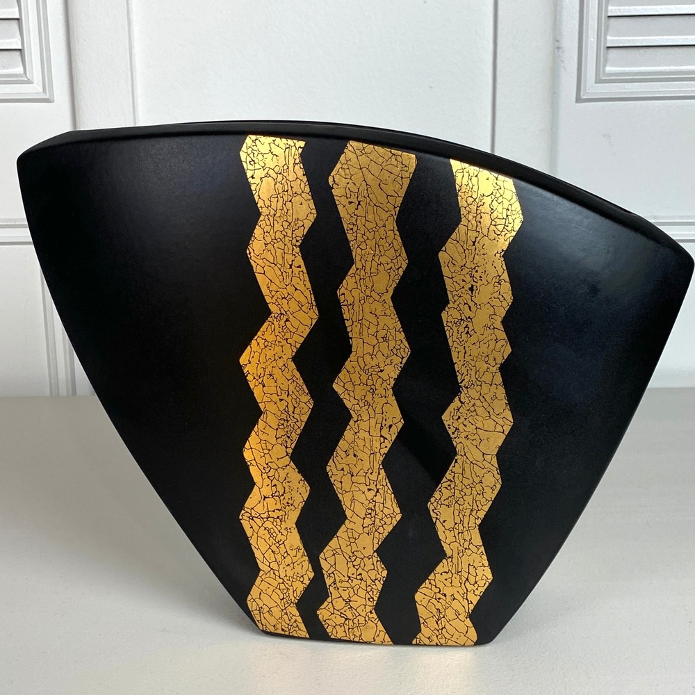 John Bergen Studio Signed Porcelain 10" Vase Black Gold Zig Zag Post Modern